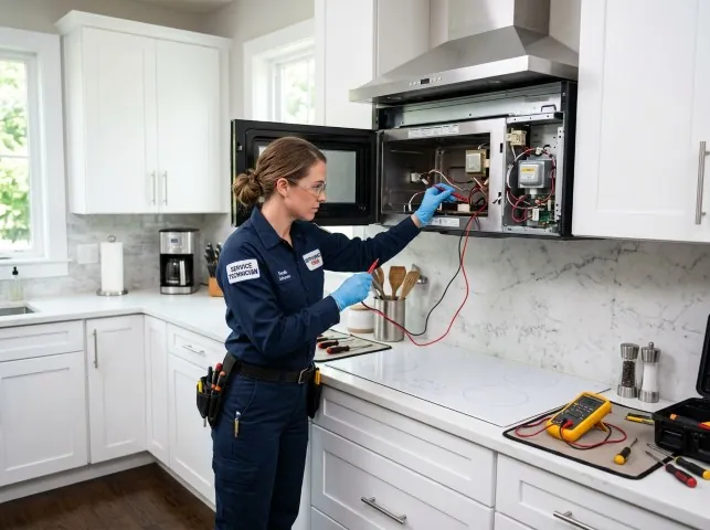 Appliance Repair Hero technician testing an over-the-range microwave in a Airville, PA kitchen